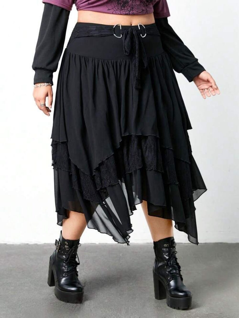 Romwe black gothic-style layered asymmetrical midi skirt with lace trim and a re